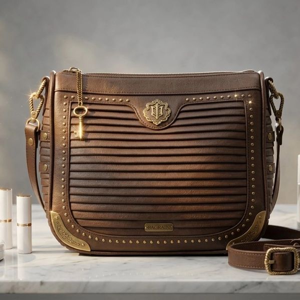 Brown leather handbag with gold accents surrounded by makeup items on a marble surface.