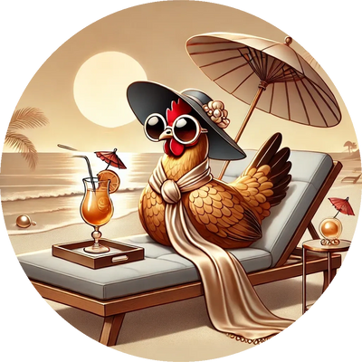 Hen with sunglasses, sun hat and scarf lounging beach side with a tropical cocktail. 