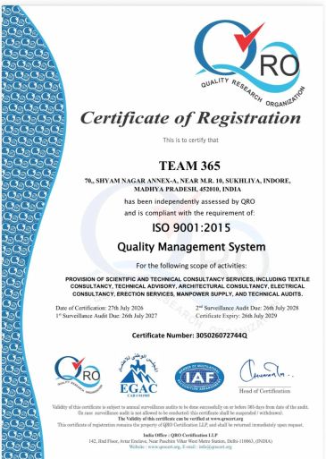 Certificate of registration for TEAM 365 under ISO 9001:2015.