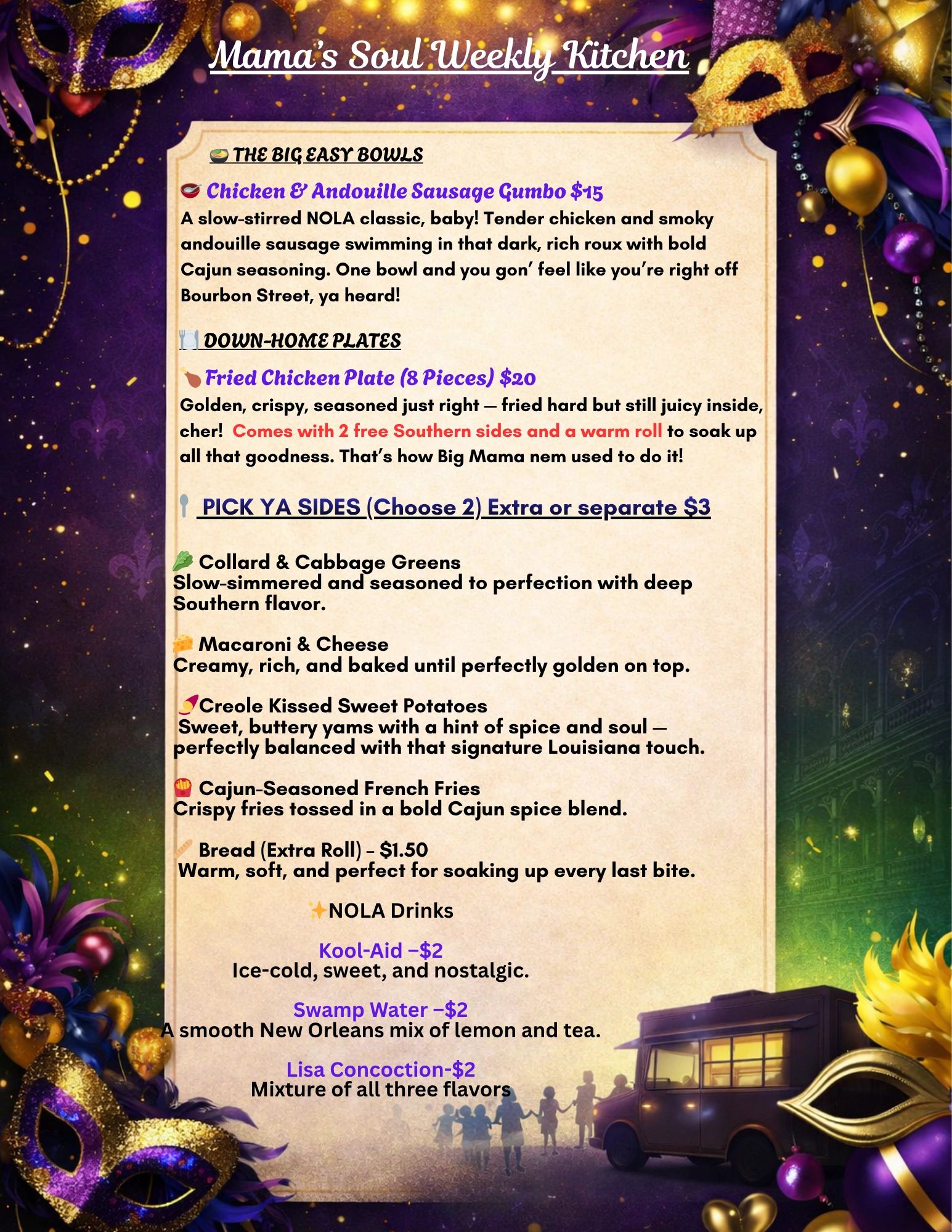 Mama's Soul Weekly Kitchen menu featuring Big Easy Bowls, Down-Home Plates, sides, and NOLA drinks with vibrant Mardi Gras theme.