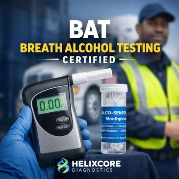 Certified Breath Alcohol Testing device with mouthpieces and a worker in safety gear.