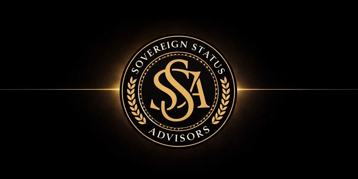 Golden emblem of Sovereign Status Advisors on a black background with radiant light.