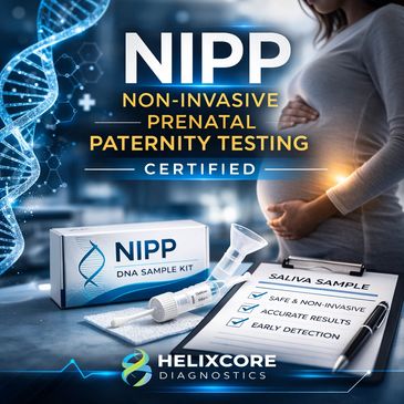 Pregnant woman with NIPP non-invasive prenatal paternity testing kit and saliva sample checklist.