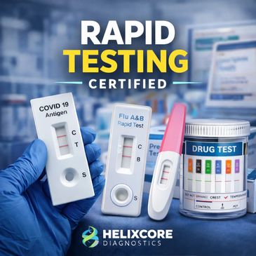 Certified rapid testing kits for COVID-19, flu, pregnancy, and drug detection.