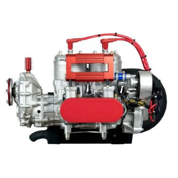 Air-cooled engine with red accents.