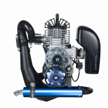 A single-cylinder engine with colorful exhaust and air intake.