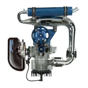 High-performance fuel-powered engine with blue and chrome components.