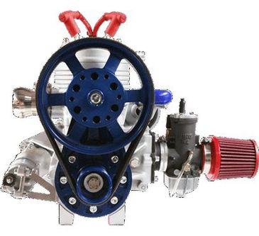 High-performance gasoline engine with blue pulley and red air filter.
