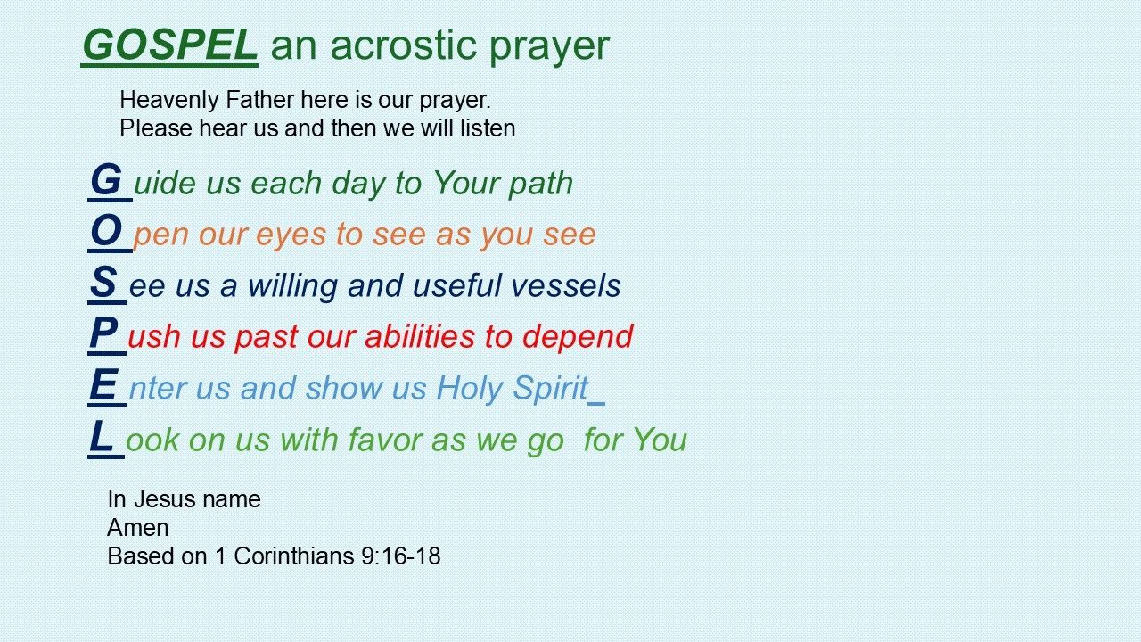 An acrostic prayer titled GOSPEL with each letter representing a prayer line.