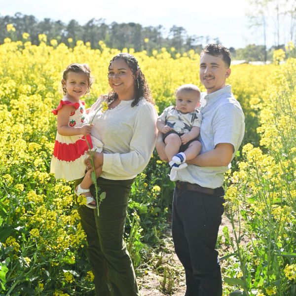 A family of four stands happily in a vibrant yellow flower field on a sunny day.