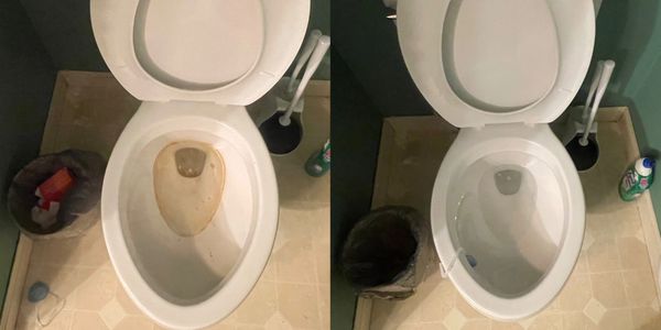 Side-by-side comparison of a dirty and clean toilet bowl.