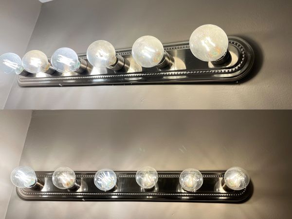 Two views of a six-bulb vanity light fixture on a wall.