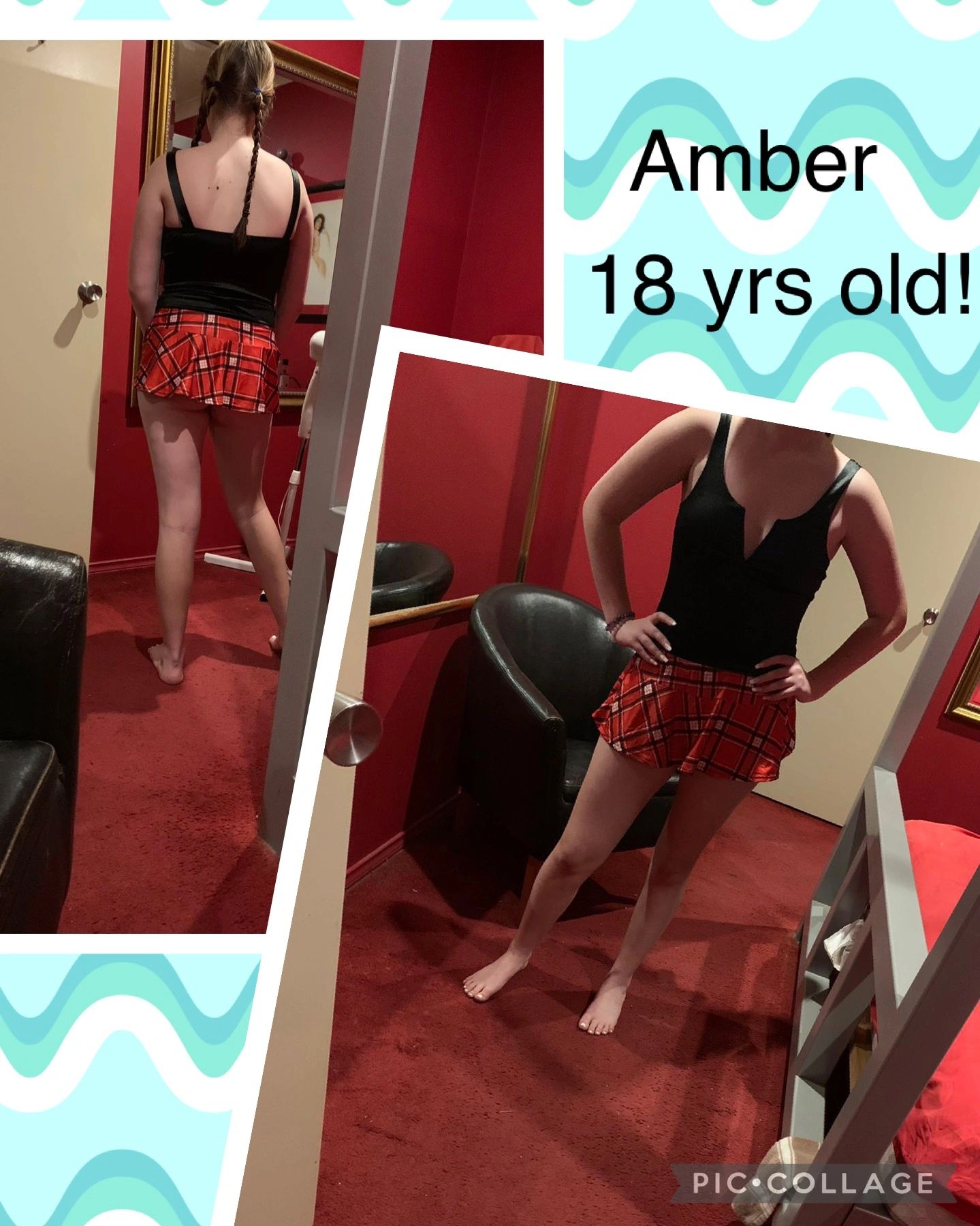Young woman in a black top and red plaid skirt poses in a red-carpeted room.