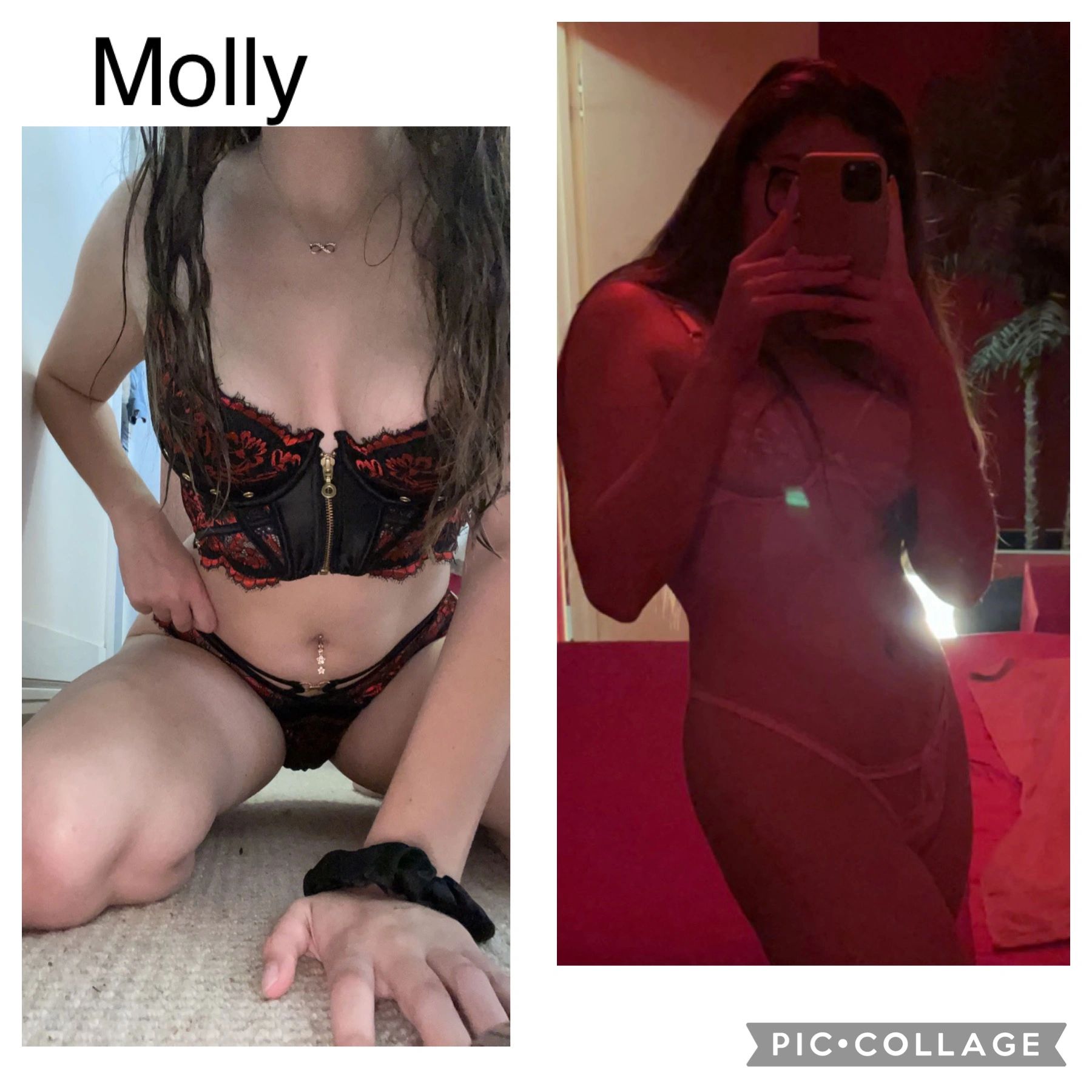 Woman in black and red lingerie posing indoors.