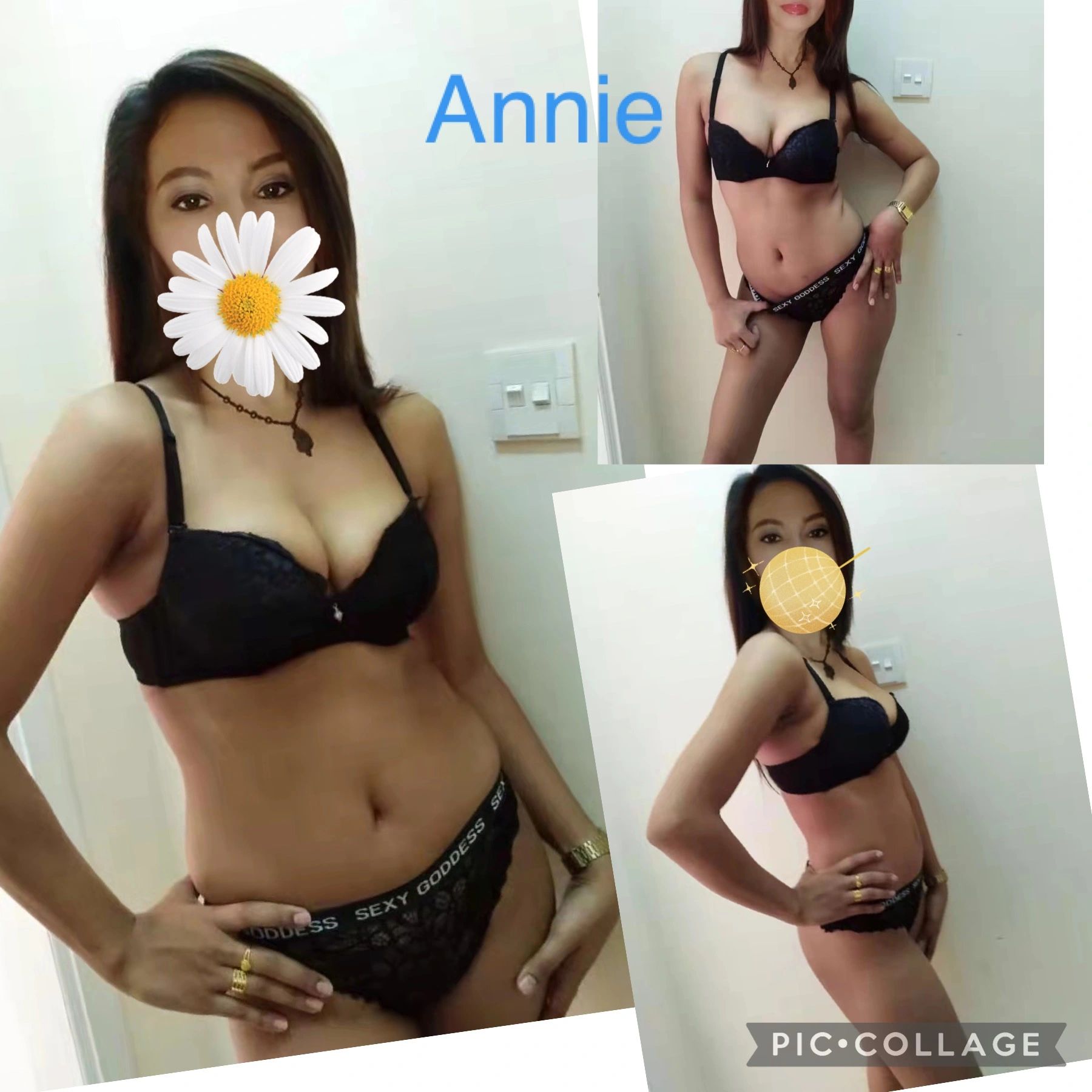 Collage of a woman named Annie posing in black lingerie with face emojis covering her mouth.