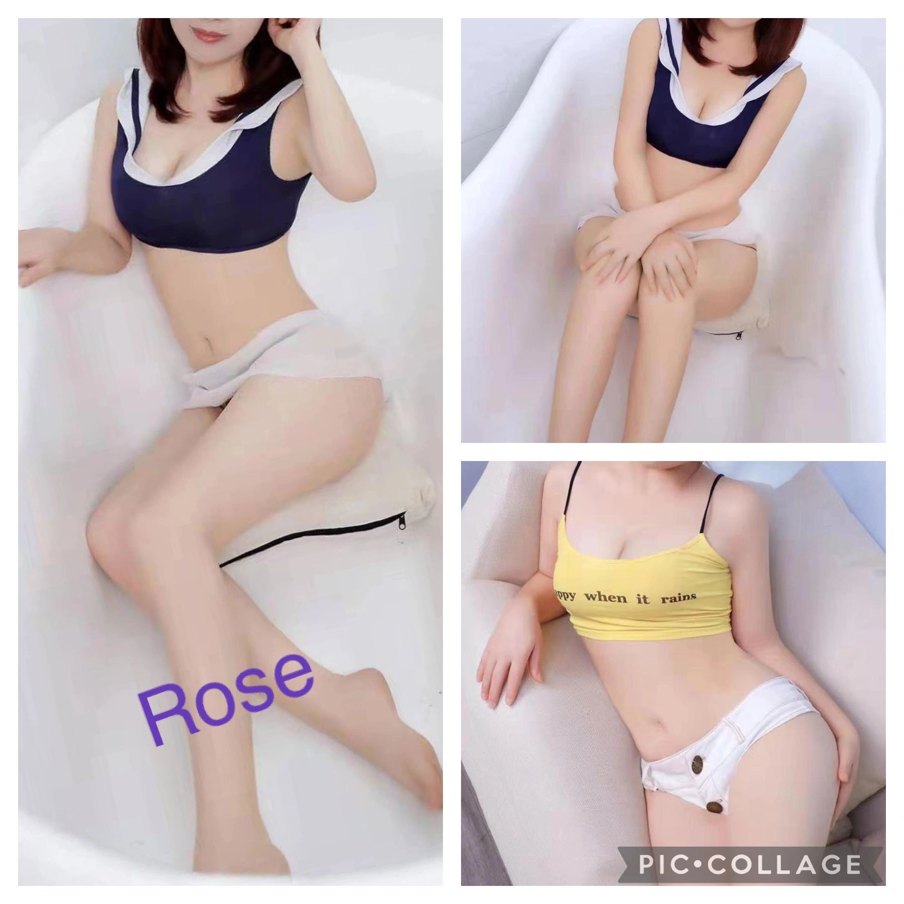 Three images of a woman posing in different tops and shorts on a white chair.