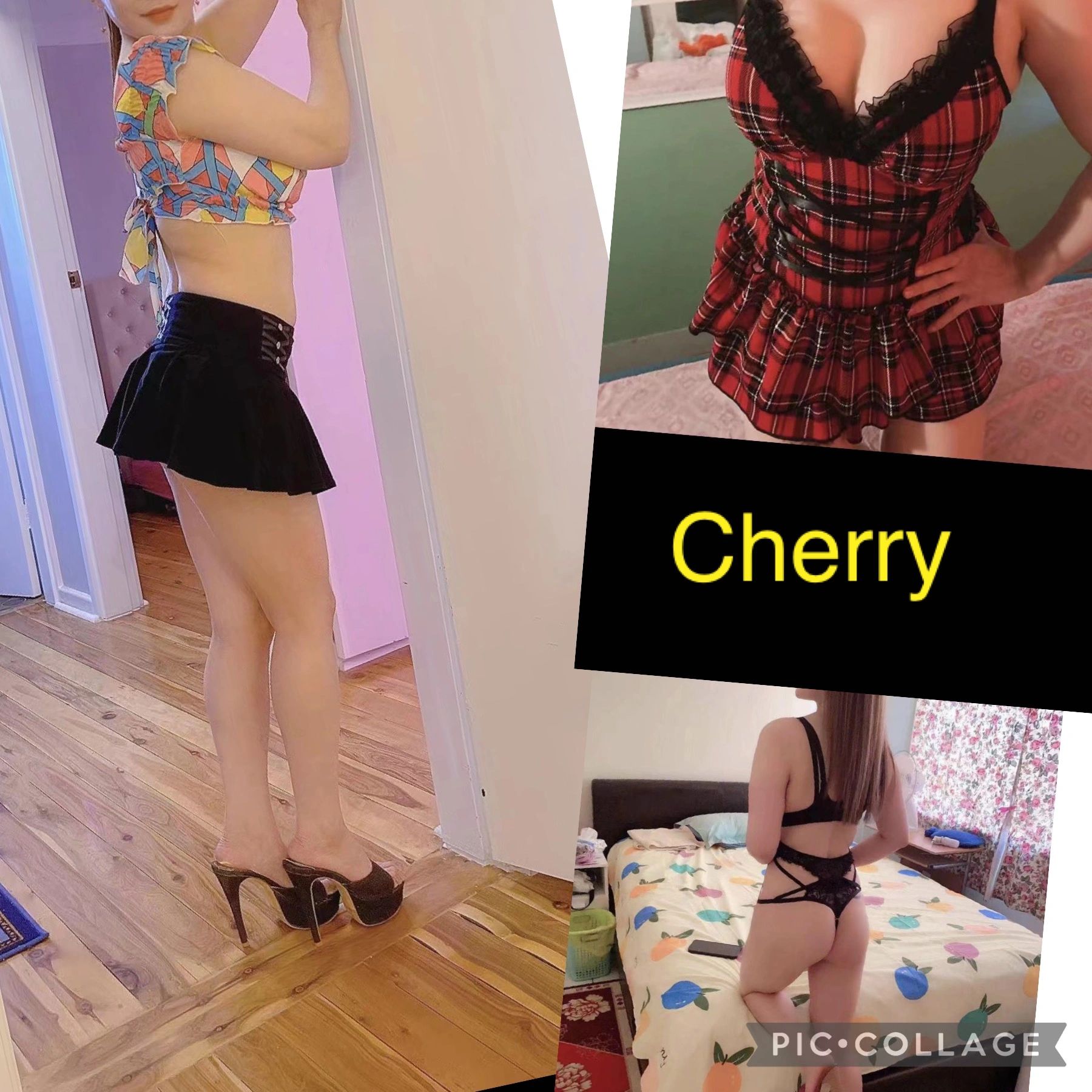 Three images of a woman posing in different outfits and heels indoors.