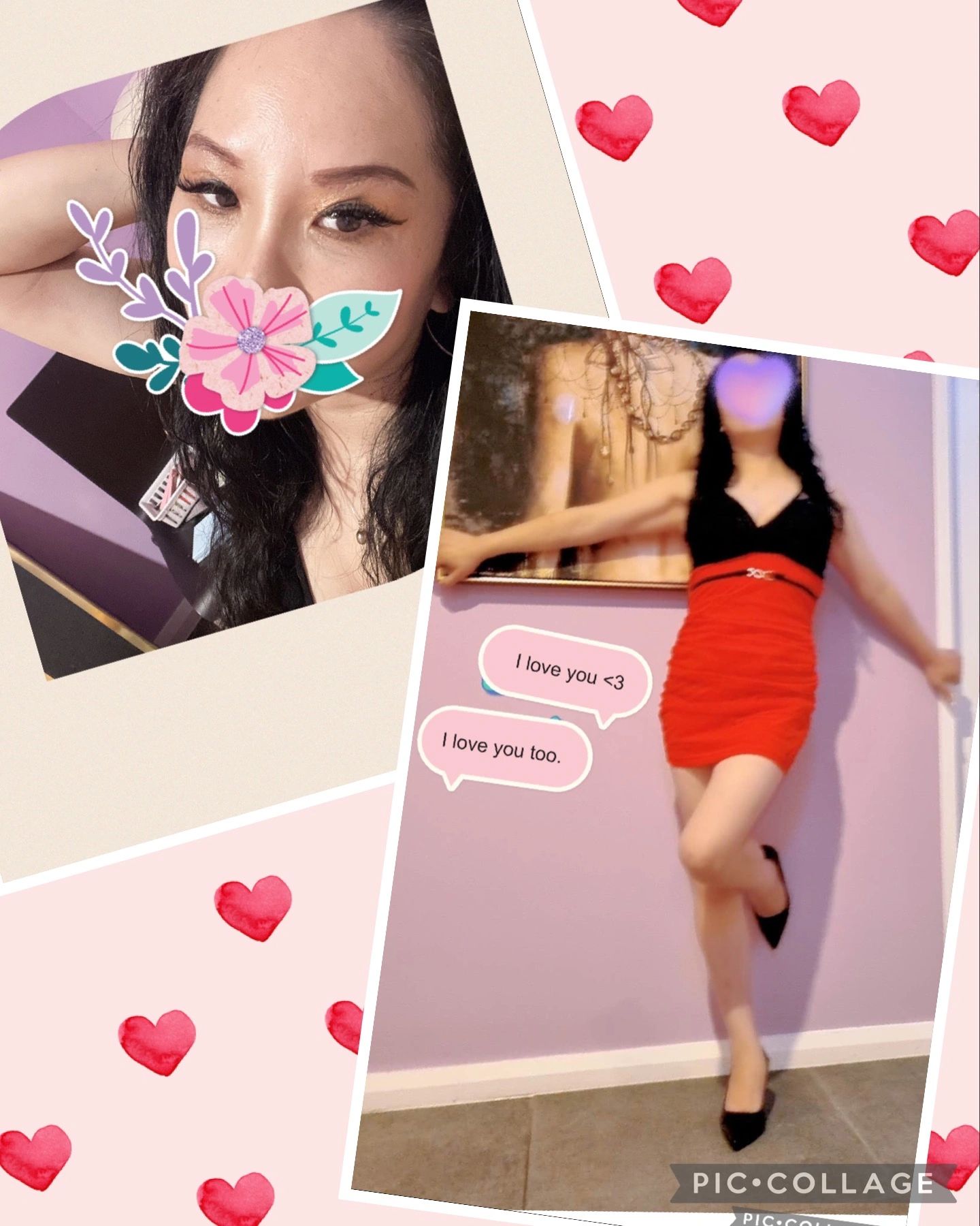 Collage of a woman with floral decoration and another in a red dress against pink hearts background.