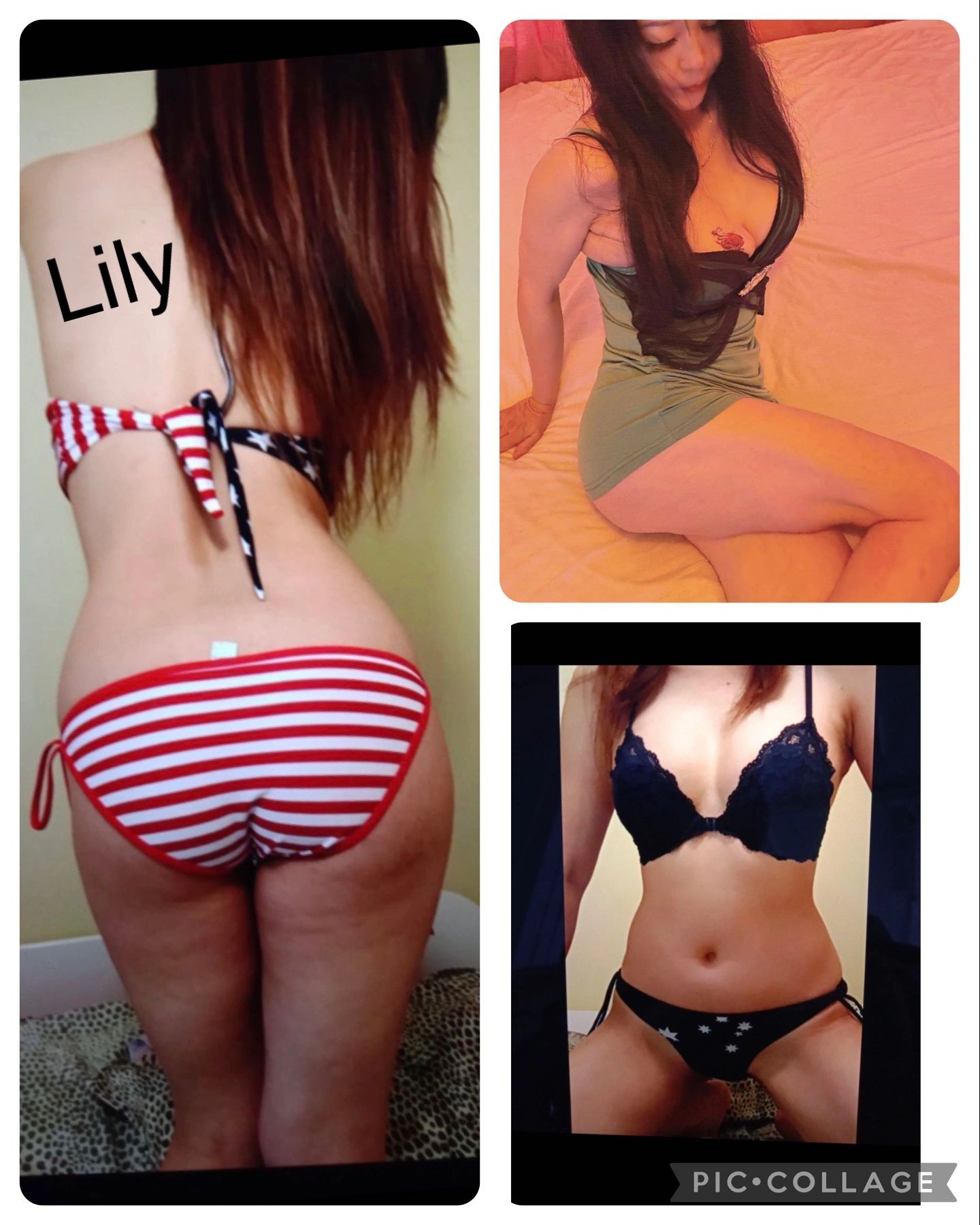 Collage of a woman in various lingerie and swimwear poses.