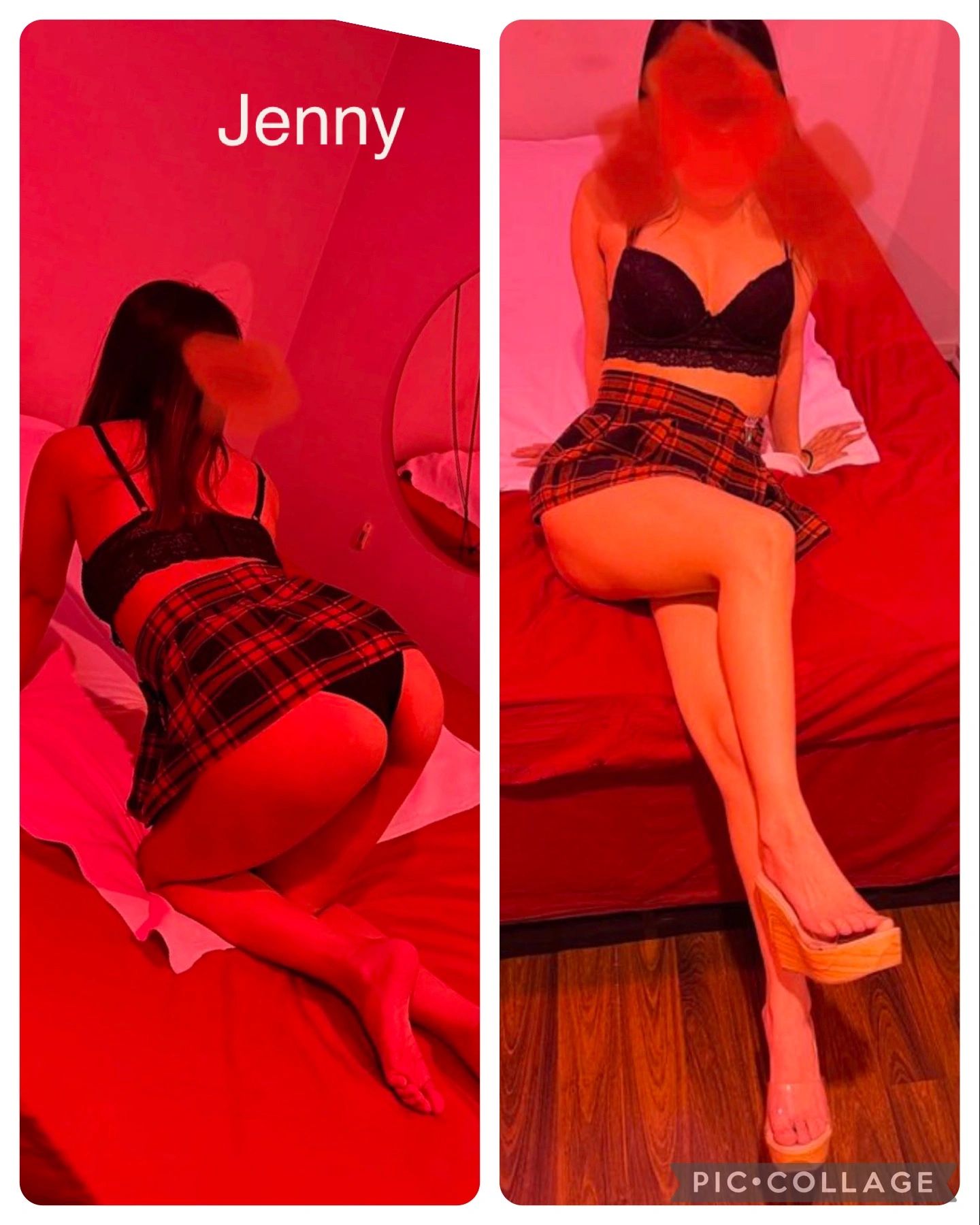 Two photos of a woman in a black bra and plaid skirt on a red bed.