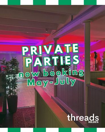 Colorful interior promoting private parties booking from May to July.