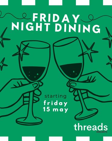 Illustration of two hands clinking wine glasses for Friday Night Dining event.