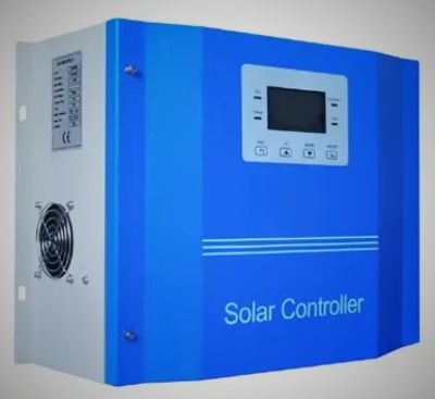 Blue solar controller device with display screen and buttons.