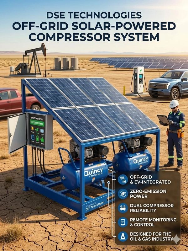 Off-grid solar-powered compressor system by DSE Technologies for oil and gas industry.