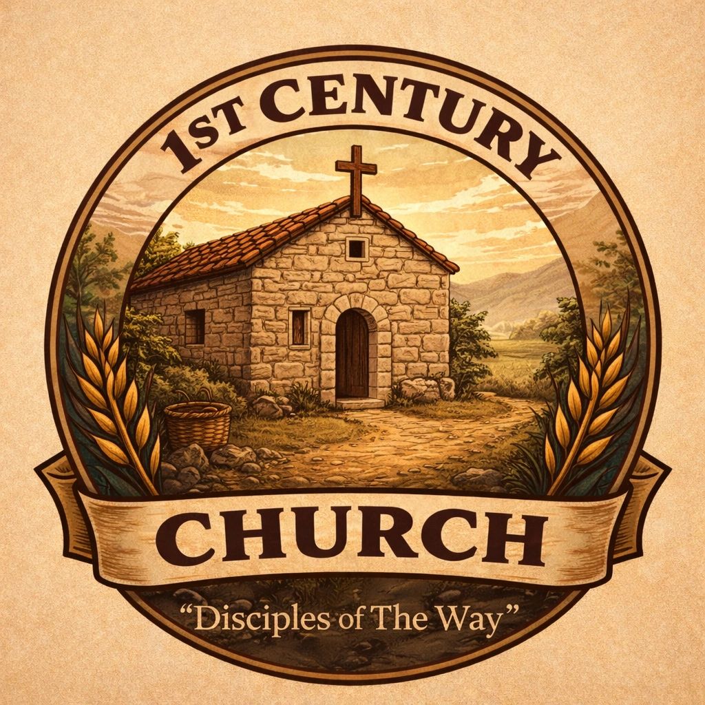 Logo of 1st Century Church with a stone chapel and wheat design.