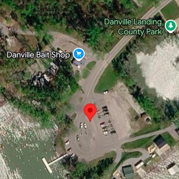 Aerial view of Danville Landing parking and surroundings.