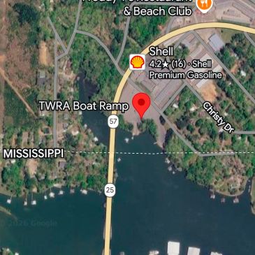 Map showing TWRA Boat Ramp near Mississippi with a Shell gas station nearby.