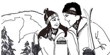 Black and white sketch of a couple in winter clothing with skis.