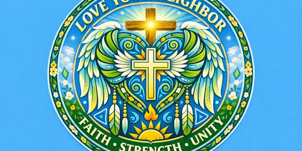 Colorful emblem with crosses, wings, and the words 'Love Your Neighbor'.