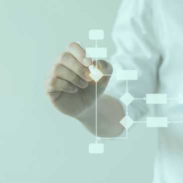 Person interacting with a transparent flowchart interface.