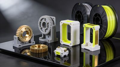 3D printed mechanical parts and spools of filament on a reflective surface.