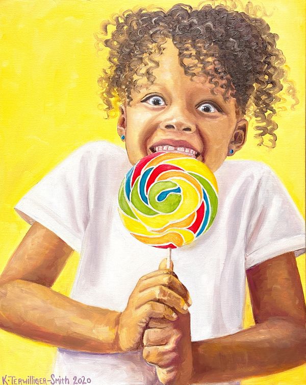 Joy - Girl with Lollipop Yellow Background