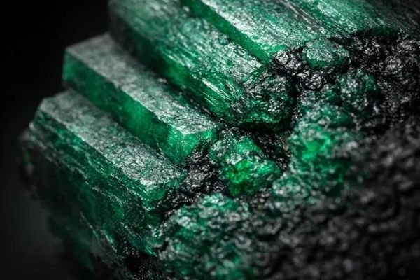 Close-up of a rough green emerald crystal cluster.