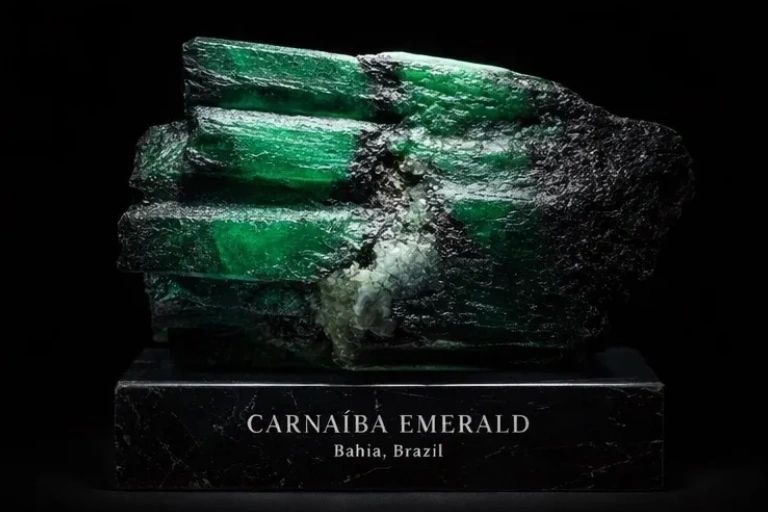 A raw carnaíba emerald from Bahia, Brazil on display.