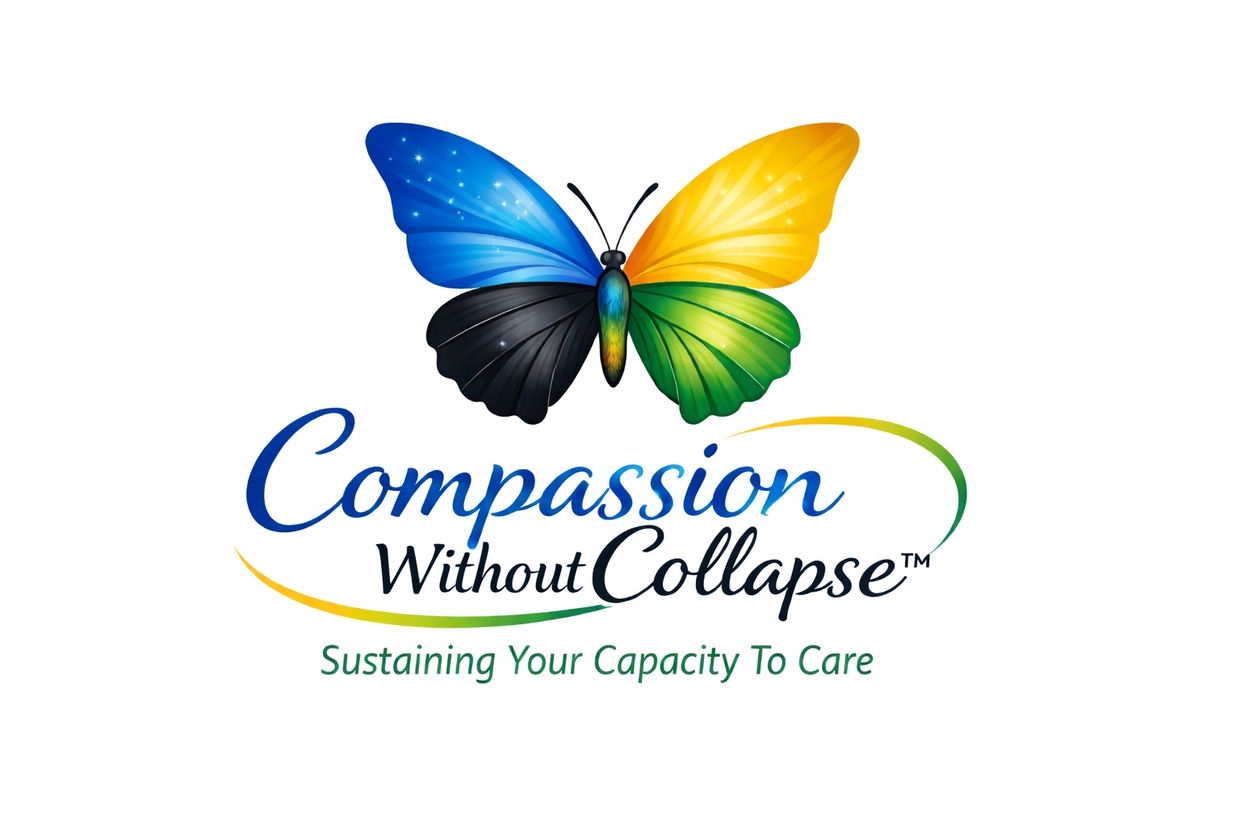Colorful butterfly logo with the text 'Compassion Without Collapse'.