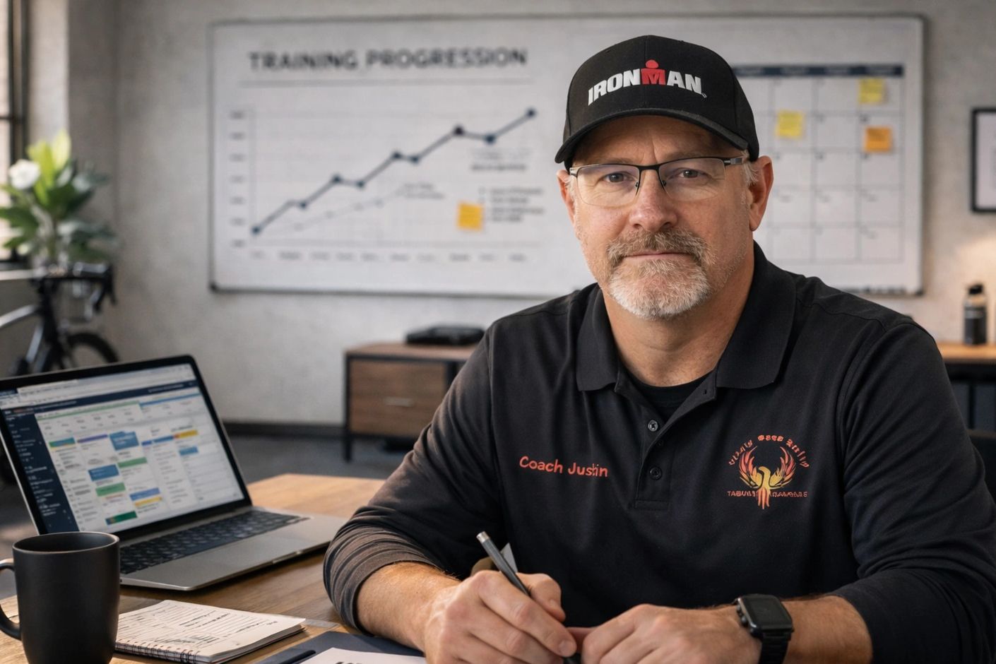 A coach in an Ironman cap working at a desk with a laptop and training charts.