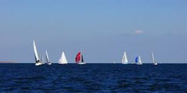 Sailboats with colorful sails on a calm sea under a clear blue sky.