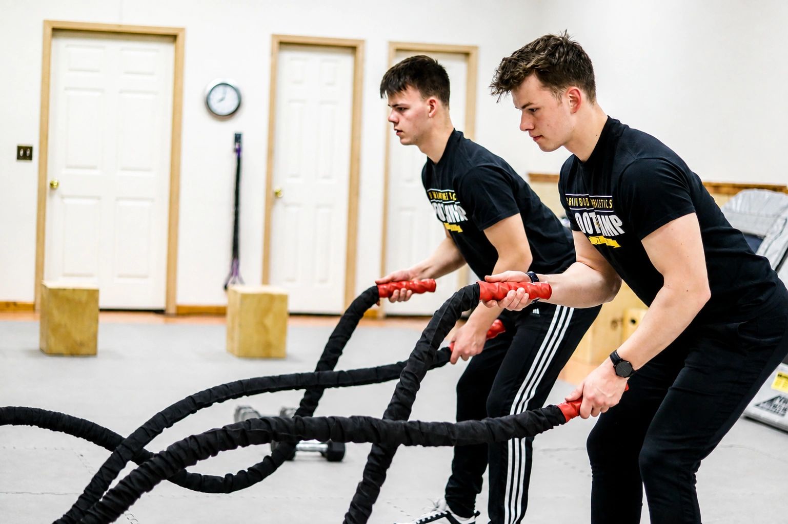 Two men exercising with battle ropes indoors.