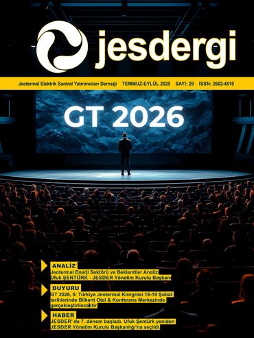 Cover of Jesdergi magazine featuring GT 2026 event and geothermal energy topics.