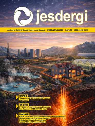 Jesdergi magazine cover featuring geothermal energy and a sunset landscape.