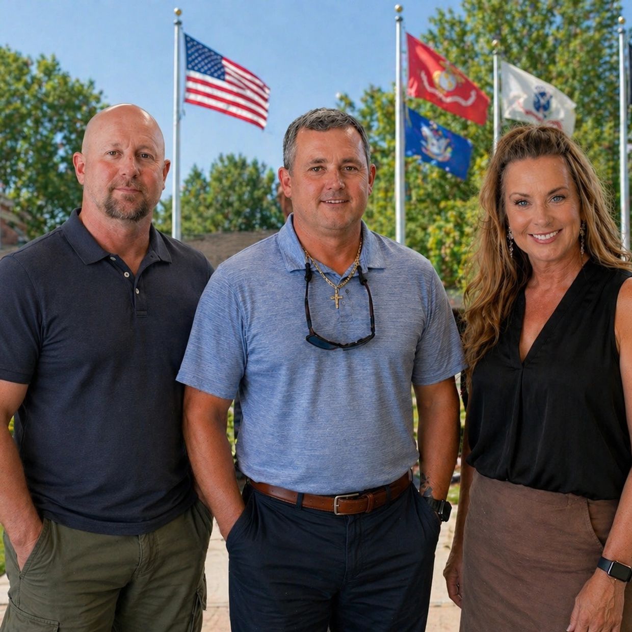 Three adults standing outdoors with multiple flags in the background.