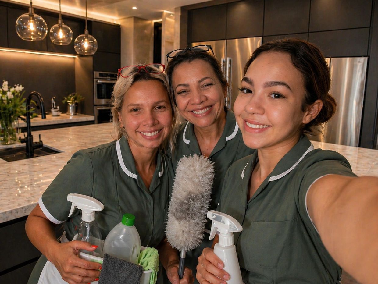 Three smiling cleaning professionals in uniform taking a selfie in a modern kitchen.
