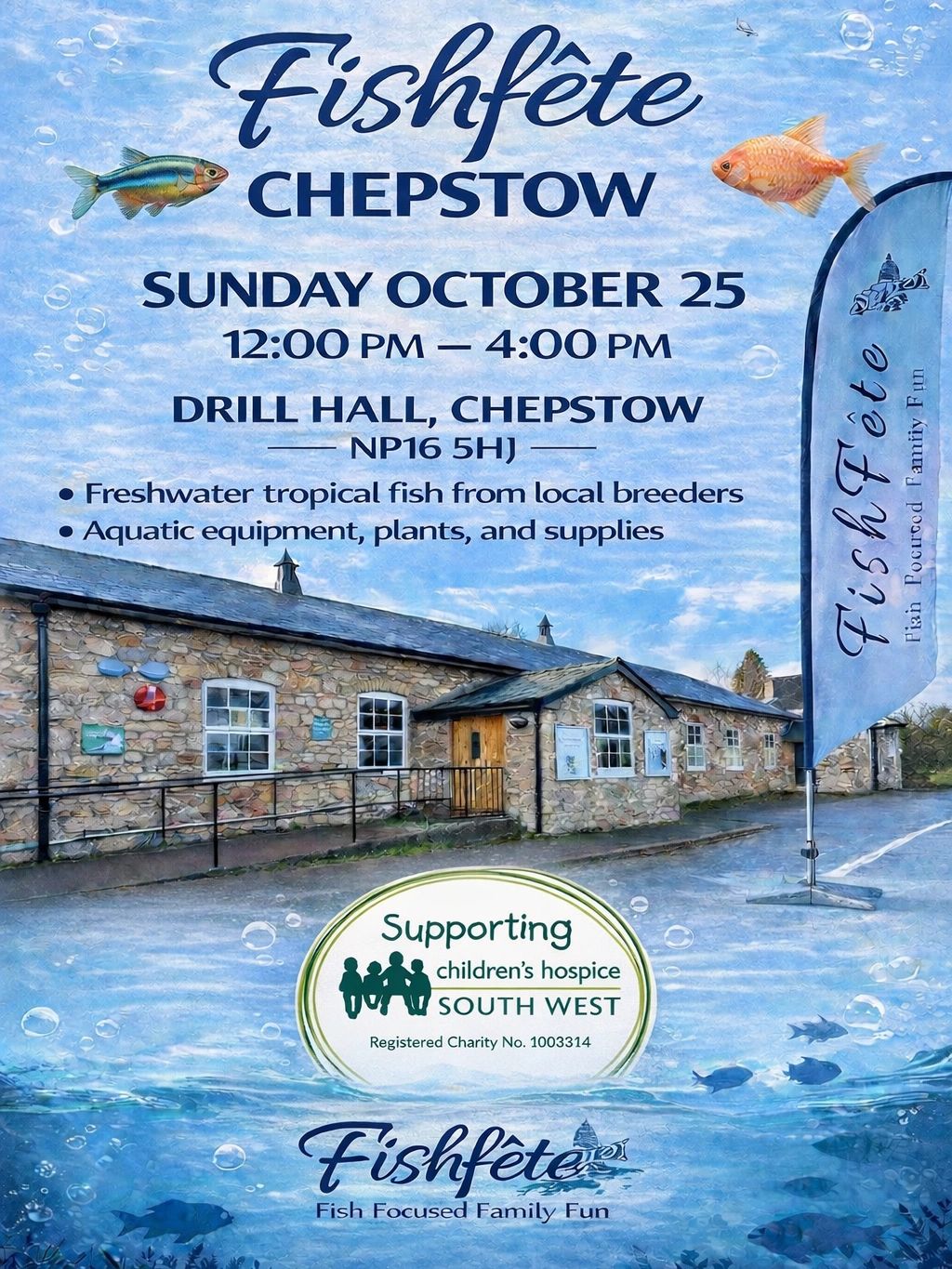 Fishfête Chepstow event poster with details and aquatic theme.