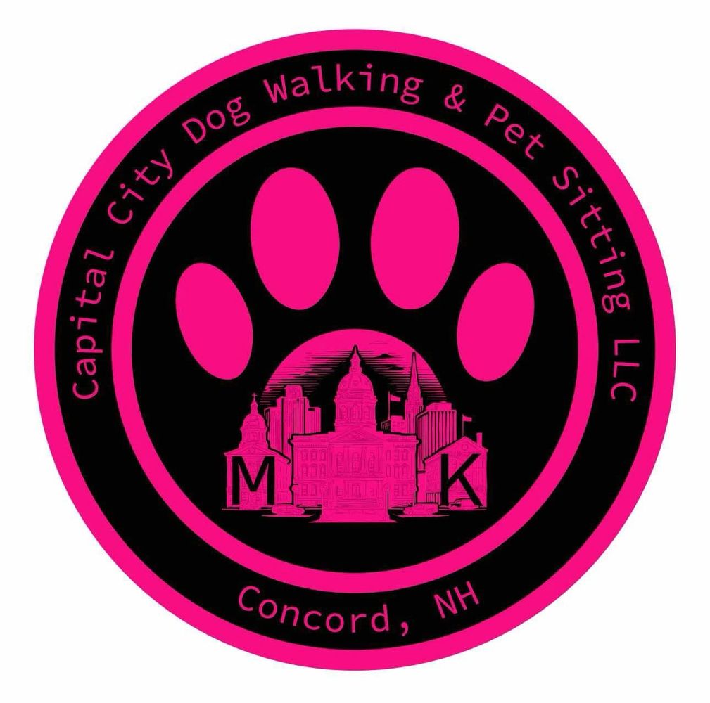 Logo for Capital City Dog Walking & Pet Sitting LLC in Concord, NH with a paw print and cityscape.