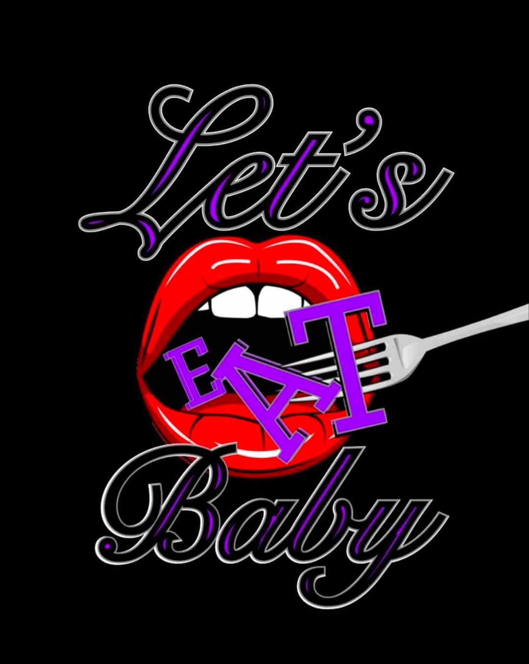 Big red lips preparing to bite the big purple word "EAT"