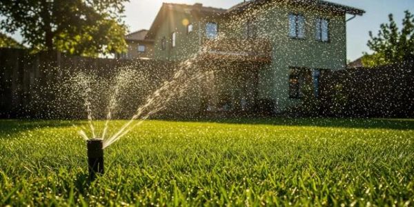 A lawn sprinkler watering a green backyard on a sunny day.